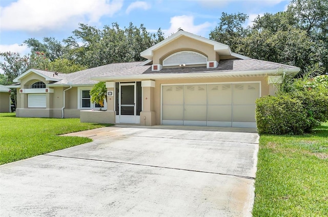 5 Wilksboro Pl, Palm Coast, FL 32164 - view of front of property featuring stucco siding, a garage, a front yard, driveway, and a shingled roof