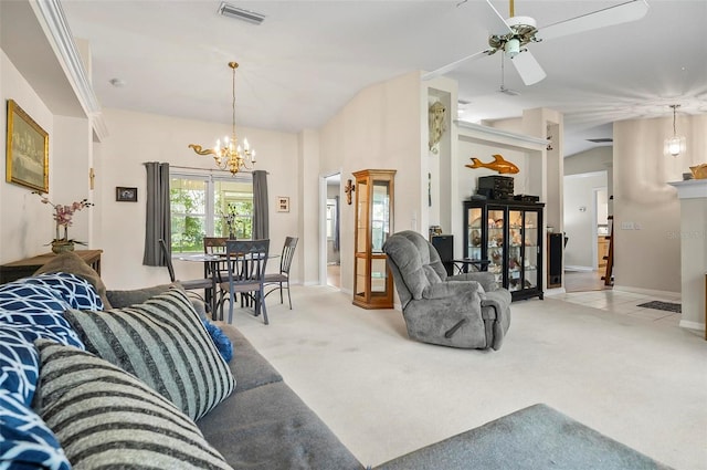 5 Wilksboro Pl, Palm Coast, FL 32164 - living room featuring a chandelier, vaulted ceiling, light carpet, and a ceiling fan