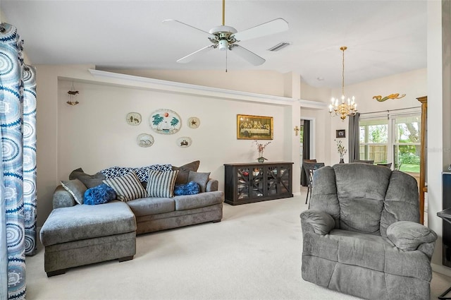 5 Wilksboro Pl, Palm Coast, FL 32164 - living area featuring vaulted ceiling, carpet, a chandelier, and ceiling fan