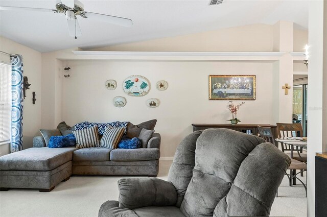 5 Wilksboro Pl, Palm Coast, FL 32164 - living room with lofted ceiling, light carpet, and ceiling fan
