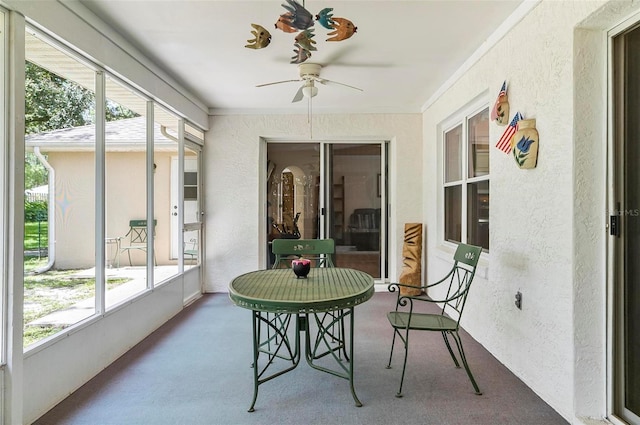 5 Wilksboro Pl, Palm Coast, FL 32164 - sunroom featuring a ceiling fan, a textured wall, and carpet floors