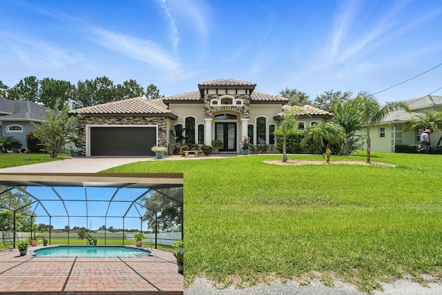 42 Felwood Ln, Palm Coast, FL 32137 - mediterranean / spanish house with french doors, stucco siding, a front lawn, and an attached garage