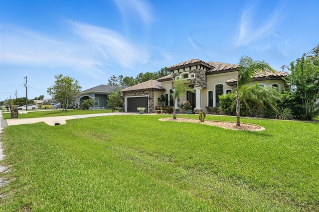 42 Felwood Ln, Palm Coast, FL 32137 - mediterranean / spanish home featuring concrete driveway, a garage, stucco siding, a front lawn, and a tiled roof
