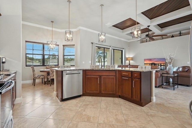 42 Felwood Ln, Palm Coast, FL 32137 - kitchen featuring stainless steel appliances, a chandelier, open floor plan, healthy amount of natural light, and coffered ceiling