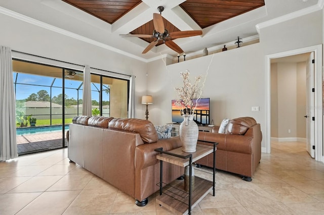 42 Felwood Ln, Palm Coast, FL 32137 - living room featuring ceiling fan, coffered ceiling, light tile patterned floors, a wooden ceiling with exposed beams, and ornamental molding