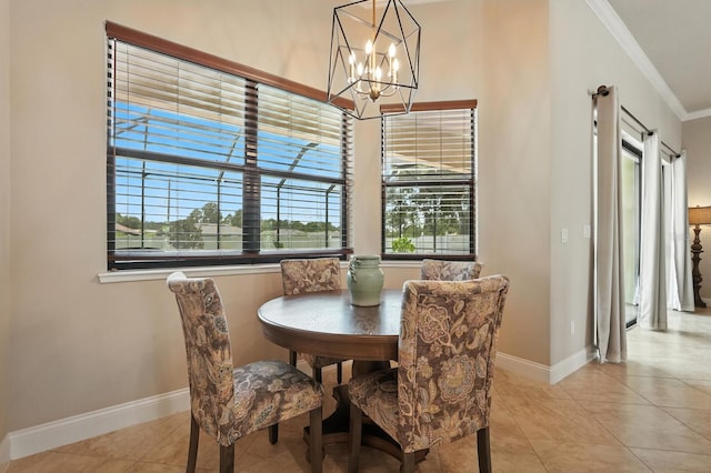 42 Felwood Ln, Palm Coast, FL 32137 - dining area featuring ornamental molding, a chandelier, plenty of natural light, and light tile patterned floors