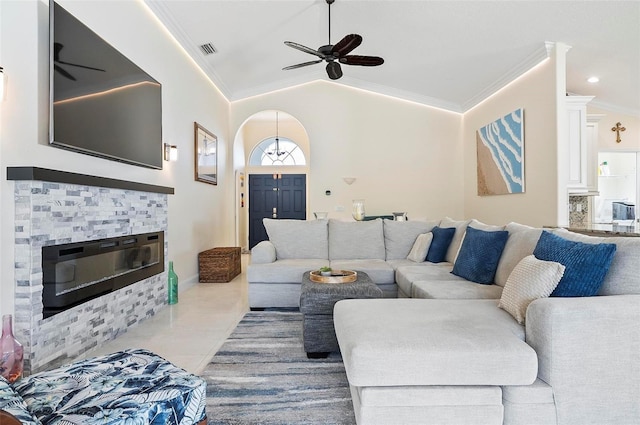 12 Comet Ct, Palm Coast, FL 32137 - living area with ornamental molding, a ceiling fan, and vaulted ceiling