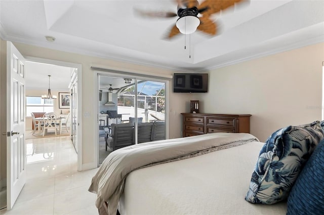 12 Comet Ct, Palm Coast, FL 32137 - bedroom with access to exterior, light tile patterned floors, multiple windows, a chandelier, and crown molding