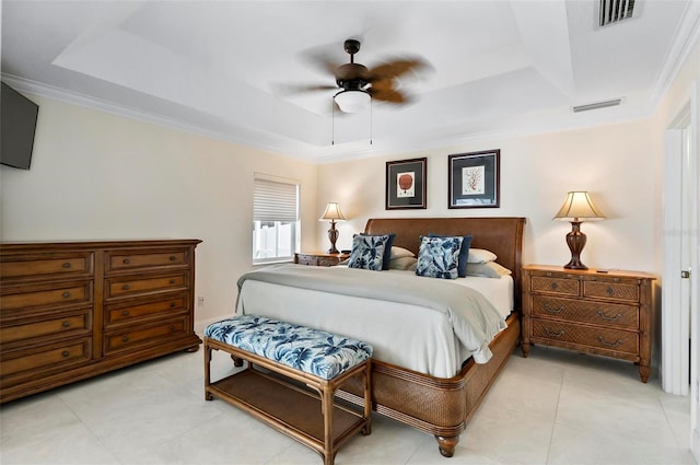 12 Comet Ct, Palm Coast, FL 32137 - bedroom with a raised ceiling, ornamental molding, light tile patterned flooring, and ceiling fan