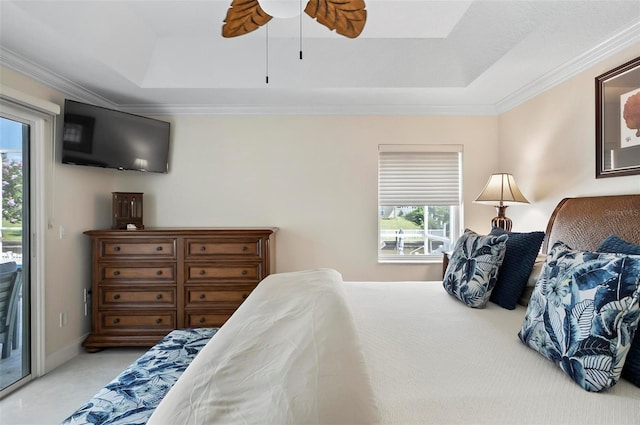 12 Comet Ct, Palm Coast, FL 32137 - bedroom with a tray ceiling, access to exterior, ornamental molding, carpet flooring, and a ceiling fan