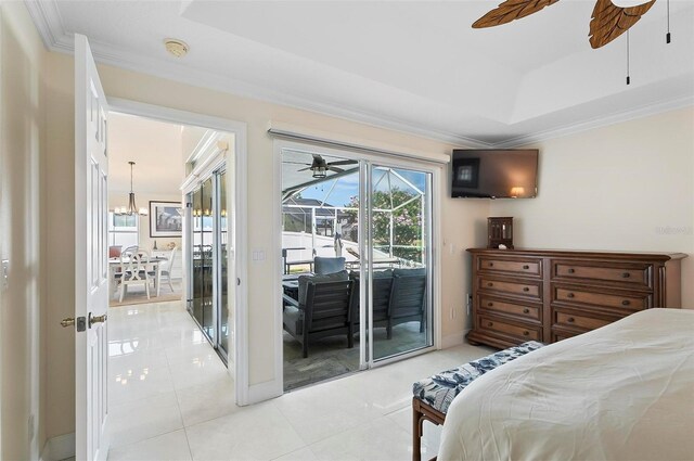 12 Comet Ct, Palm Coast, FL 32137 - bedroom featuring access to outside, crown molding, light tile patterned flooring, a raised ceiling, and ceiling fan