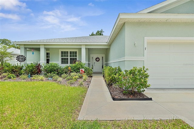 7 Pine Bush Ln, Palm Coast, FL 32164 - property entrance with stucco siding, a yard, a garage, roof with shingles, and a porch