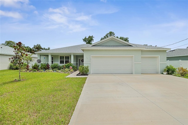 7 Pine Bush Ln, Palm Coast, FL 32164 - ranch-style house with a garage, driveway, a front yard, stucco siding, and a shingled roof