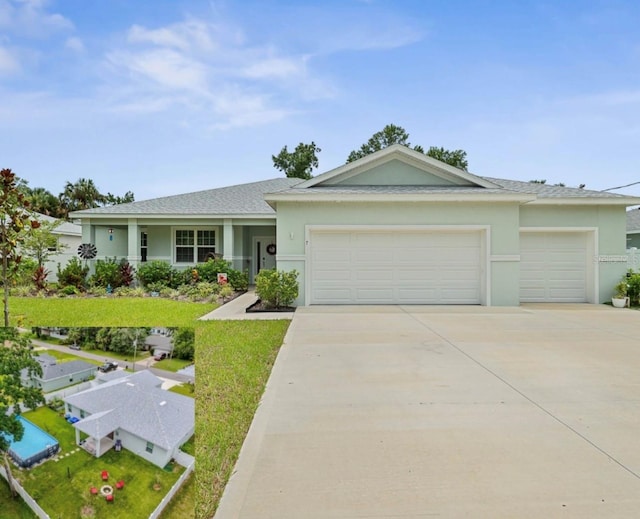 7 Pine Bush Ln, Palm Coast, FL 32164 - ranch-style home with an attached garage, driveway, stucco siding, roof with shingles, and a front lawn