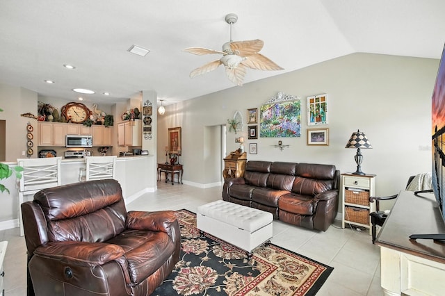 67 Lagare St, Palm Coast, FL 32137 - living area featuring light tile patterned floors, ceiling fan, lofted ceiling, and recessed lighting