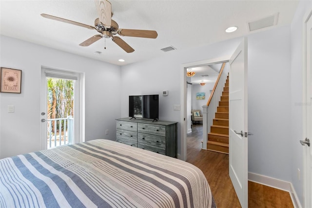 19 Bay Dr, Palm Coast, FL 32137 - bedroom with wood finished floors, access to exterior, a ceiling fan, and recessed lighting