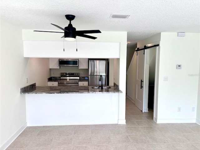 3628 S Central Ave Unit 5, Flagler Beach, FL 32136 - kitchen featuring stainless steel appliances, a barn door, ceiling fan, a textured ceiling, and dark stone counters