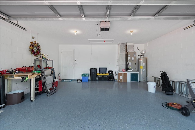 54 Pine Grove Dr, Palm Coast, FL 32164 - garage with electric water heater, a garage door opener, concrete block wall, and heating unit