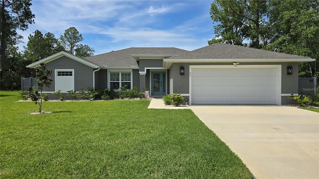90 Randolph Dr, Palm Coast, FL 32164 - view of front facade with stucco siding, driveway, a garage, a front lawn, and roof with shingles