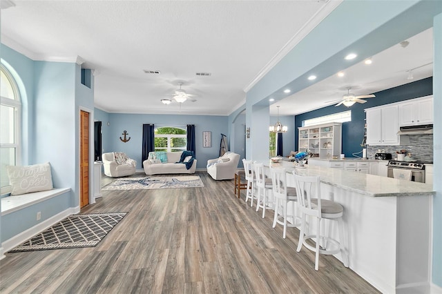 101 N 22nd St, Flagler Beach, FL 32136 - kitchen featuring ceiling fan, under cabinet range hood, light wood-style flooring, crown molding, and recessed lighting