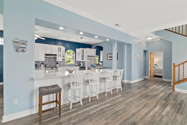 101 N 22nd St, Flagler Beach, FL 32136 - kitchen featuring stainless steel appliances, ornamental molding, wood finished floors, under cabinet range hood, and glass insert cabinets