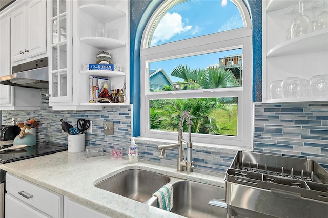 101 N 22nd St, Flagler Beach, FL 32136 - kitchen with under cabinet range hood, white cabinetry, decorative backsplash, electric stove, and glass insert cabinets