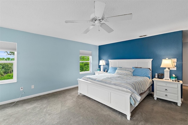 101 N 22nd St, Flagler Beach, FL 32136 - bedroom featuring dark carpet, ceiling fan, and a textured ceiling