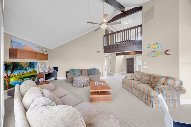 9353 Old A1A, Saint Augustine, FL 32080 - carpeted living area featuring ceiling fan, high vaulted ceiling, and beam ceiling