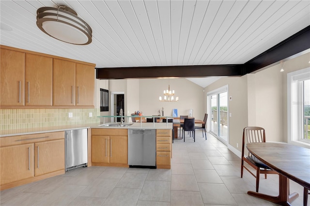 9353 Old A1A, Saint Augustine, FL 32080 - kitchen featuring dishwasher, a peninsula, vaulted ceiling, light countertops, and a chandelier