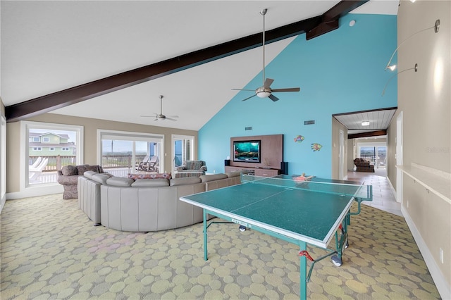 9353 Old A1A, Saint Augustine, FL 32080 - playroom featuring high vaulted ceiling, beamed ceiling, ceiling fan, and light colored carpet