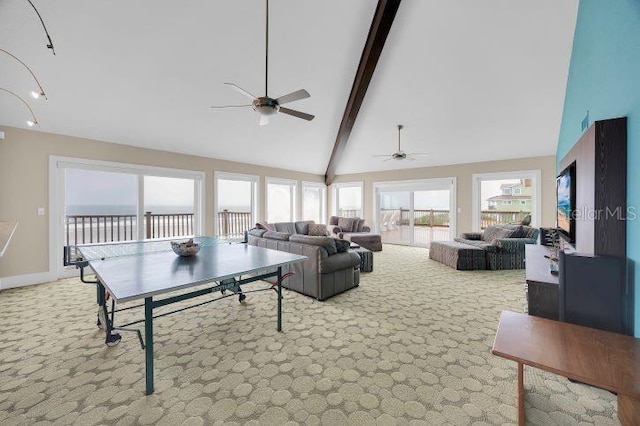 9353 Old A1A, Saint Augustine, FL 32080 - playroom with ceiling fan, carpet, beam ceiling, and high vaulted ceiling