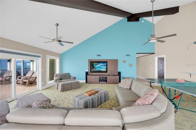 9353 Old A1A, Saint Augustine, FL 32080 - carpeted living area featuring ceiling fan, high vaulted ceiling, and beam ceiling