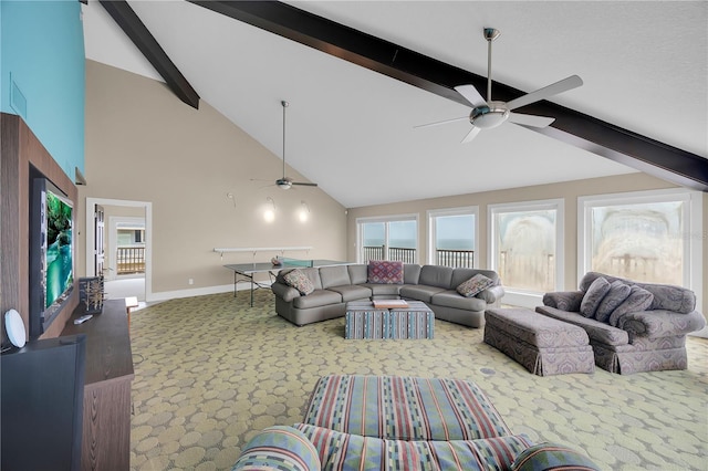 9353 Old A1A, Saint Augustine, FL 32080 - living room featuring a ceiling fan, carpet flooring, high vaulted ceiling, and beam ceiling