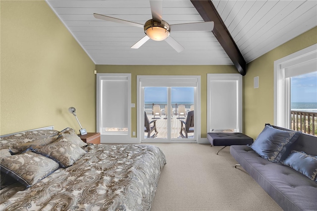9353 Old A1A, Saint Augustine, FL 32080 - bedroom with access to exterior, carpet flooring, ceiling fan, wooden ceiling, and a water view