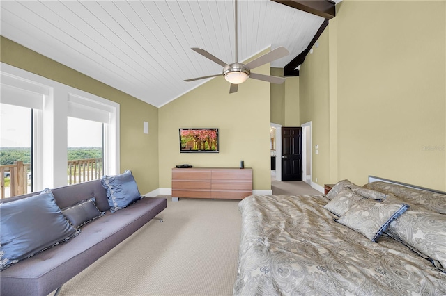 9353 Old A1A, Saint Augustine, FL 32080 - bedroom with light colored carpet, a ceiling fan, and high vaulted ceiling