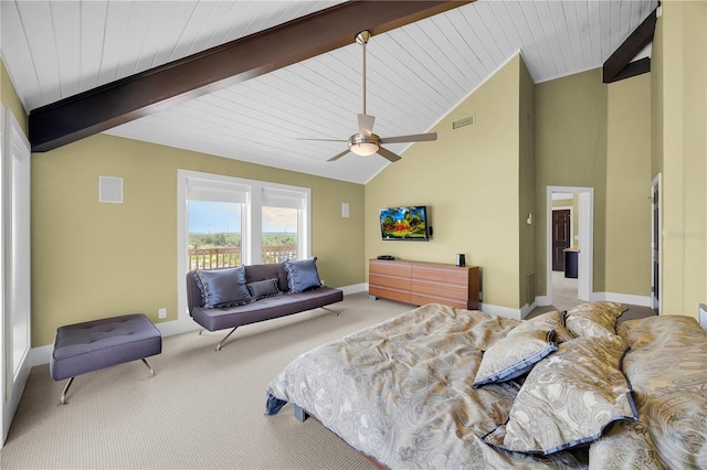 9353 Old A1A, Saint Augustine, FL 32080 - bedroom with carpet, ceiling fan, a wood ceiling with exposed beams, and high vaulted ceiling