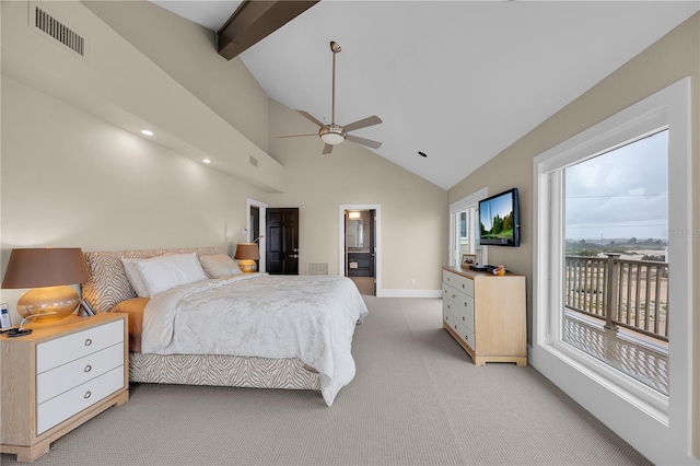 9353 Old A1A, Saint Augustine, FL 32080 - bedroom featuring access to outside, light carpet, high vaulted ceiling, beam ceiling, and ceiling fan