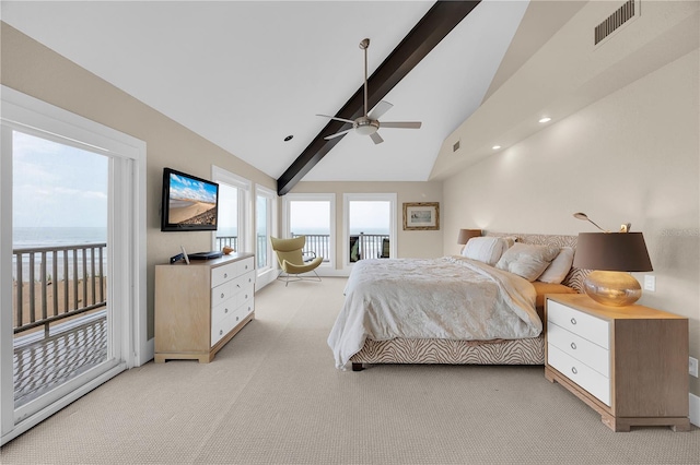 9353 Old A1A, Saint Augustine, FL 32080 - bedroom with access to outside, light carpet, high vaulted ceiling, beam ceiling, and ceiling fan