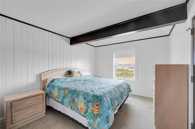 9353 Old A1A, Saint Augustine, FL 32080 - bedroom featuring carpet flooring, beamed ceiling, and wood walls