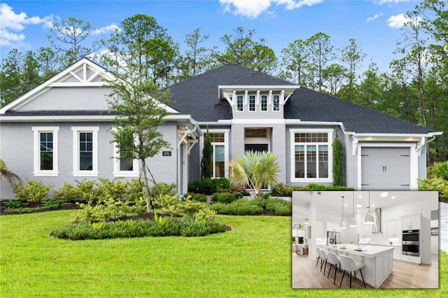 476 Stirling Bridge Dr, Ormond Beach, FL 32174 - rear view of property featuring a garage, stucco siding, a lawn, and a shingled roof