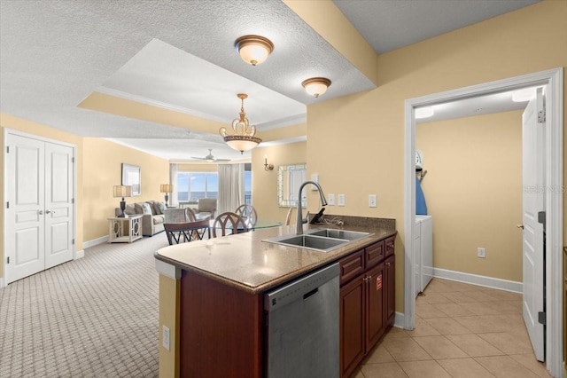 200 Ocean Crest Dr Unit 813, Palm Coast, FL 32137 - kitchen featuring dishwasher, a raised ceiling, open floor plan, pendant lighting, and ornamental molding
