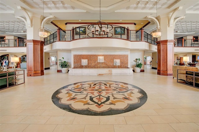 200 Ocean Crest Dr Unit 813, Palm Coast, FL 32137 - common area featuring a towering ceiling, coffered ceiling, beamed ceiling, and ornamental molding