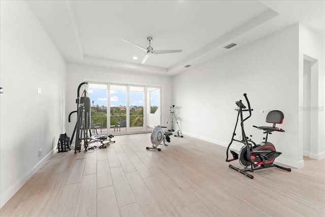 23 Ocean Ridge Blvd N, Palm Coast, FL 32137 - exercise room with a tray ceiling, a ceiling fan, and light wood-type flooring