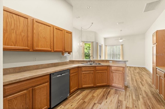1707 Southern Belle Ln, Port Orange, FL 32128 - kitchen with dishwasher, light wood-style floors, a peninsula, light countertops, and a ceiling fan