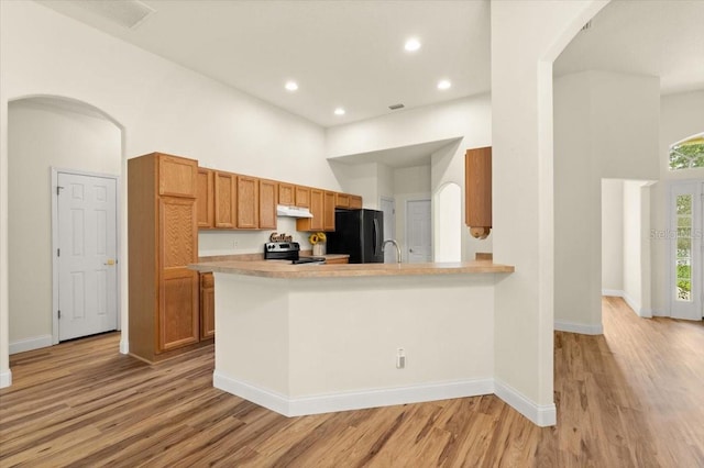 1707 Southern Belle Ln, Port Orange, FL 32128 - kitchen featuring freestanding refrigerator, electric range, arched walkways, light wood-style flooring, and recessed lighting