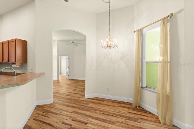 1707 Southern Belle Ln, Port Orange, FL 32128 - unfurnished dining area featuring light wood finished floors, ceiling fan, arched walkways, a chandelier, and healthy amount of natural light