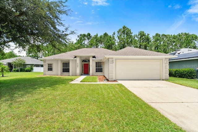 1707 Southern Belle Ln, Port Orange, FL 32128 - ranch-style home featuring an attached garage, stucco siding, concrete driveway, a front lawn, and a shingled roof