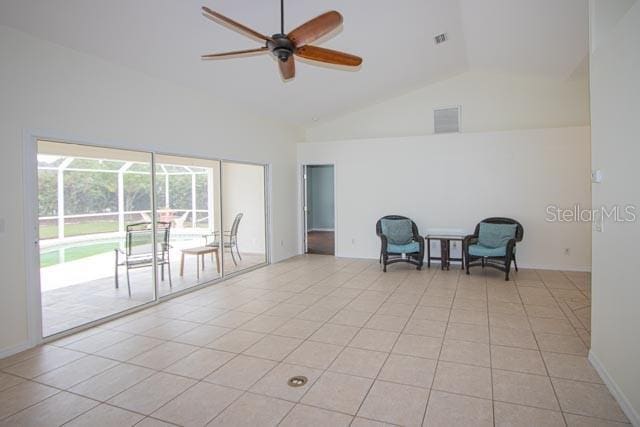 9 Empress Ln, Palm Coast, FL 32164 - unfurnished room with ceiling fan, high vaulted ceiling, and light tile patterned floors
