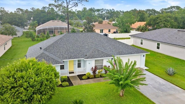 25 Round Mill Ln, Palm Coast, FL 32164 - view of front of house featuring a shingled roof, an attached garage, concrete driveway, a residential view, and a front lawn