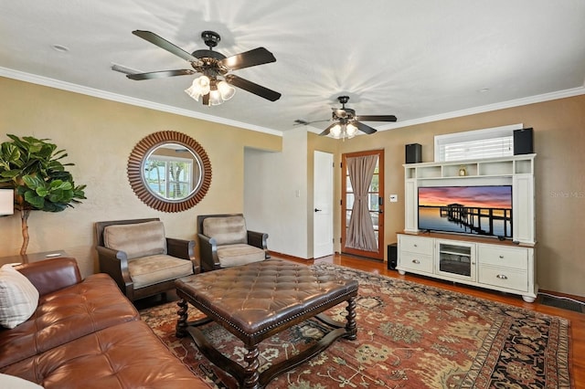 1146 Riverside Dr, Daytona Beach, FL 32117 - living area featuring wood finished floors, a ceiling fan, and crown molding